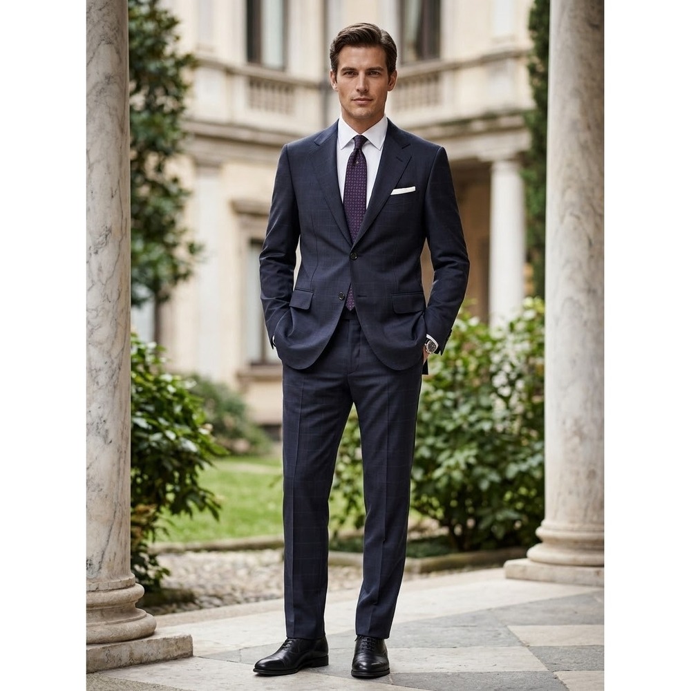 Ermenegildo Zegna Ailes Navy Windowpane Wool Blazer Jacket EU 48R US 38R